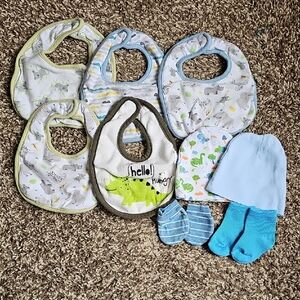 Lot Of Baby Boy Items- Bibs Hats Socks & Mittens- Multi Color